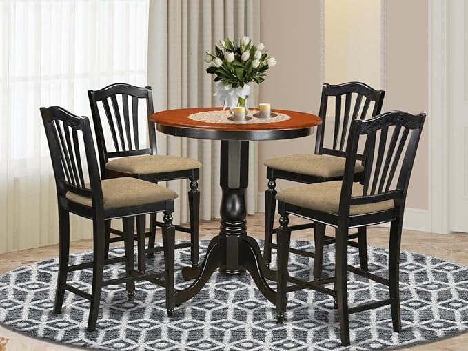 East West Furniture EDCH5-BLK-C Eden 5 Piece Counter Height Set Includes a Round Kitchen Table with Pedestal and 4 Linen Fabric Dining Room Chairs, 30x30 Inch, Black & Cherry - LeafyLoom