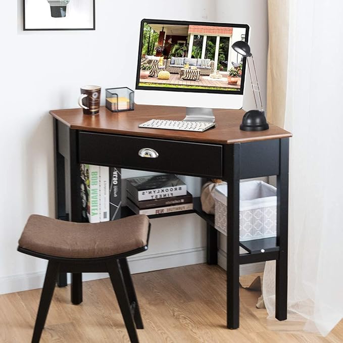 Nightcore Small, Wood Computer Desk, Compact Writing w/Drawer & Storage Shelves, Space Saving Study Workstation, Laptop PC Corner Table, Coffee - LeafyLoom