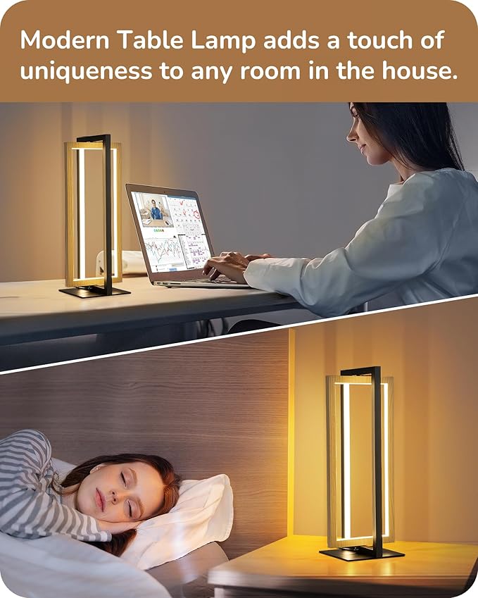 EDISHINE LED Table Lamp, Stepless Dimmable Bedside Lamp, MAX 750LM, 3 Color Temperature, Touch Switch Control Minimalist Nightstand Lamp for Living Room Bedroom Office, Dual-Frame Rectangle - LeafyLoom