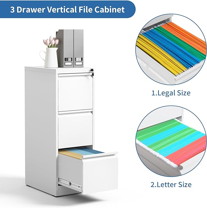 3 Drawer File Cabinet with Lock, Metal Vertical Filing Cabinets for Home Office, Steel Storage Cabinet for Hanging Legal/Letter Size Files, Assembly Required (White) - LeafyLoom