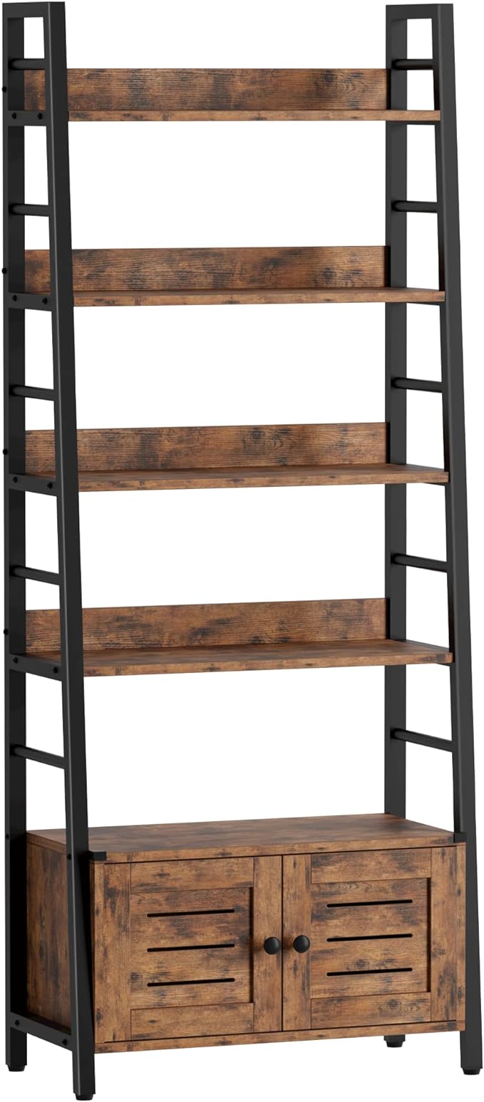 IRONCK Bookshelf with Louvered Doors, 4-tier Ladder Shelf with Cabinet Industrial Accent Furniture for Bedroom Living Room Home Office, Rustic Brown - LeafyLoom