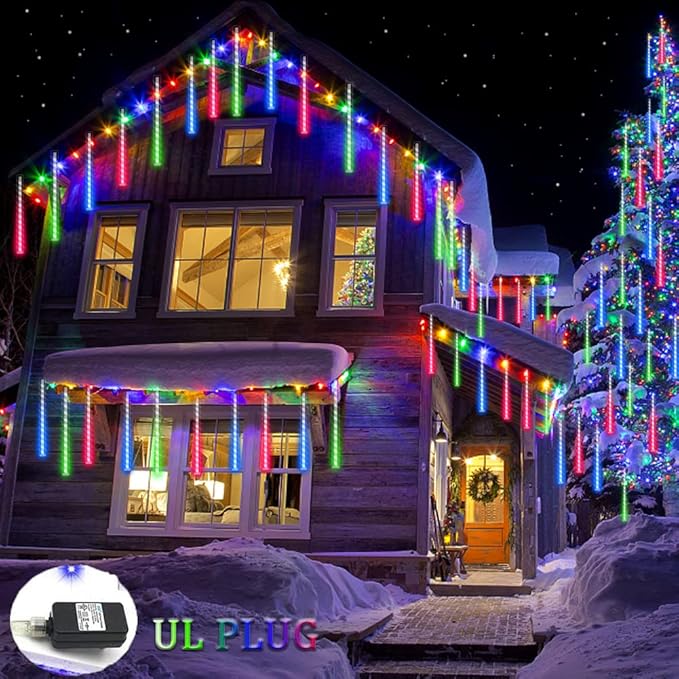 Meteor Shower Lights UL Certified 192 LED Falling Rain Lights with 30cm 8 Tubes rain Drop Christmas Icicle Cascading Lights for Xmas Halloween Decorations Party Holiday Garden Tree,Multicolor Weepong