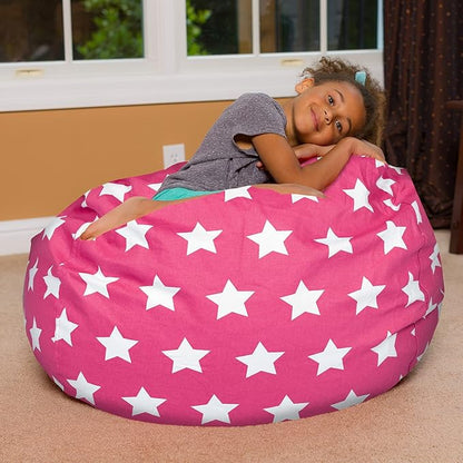 Posh Creations Bean Bag Chair for Kids, Teens, and Adults Includes Removable and Machine Washable Cover, 38in - Large, Canvas White Stars on Pink - LeafyLoom