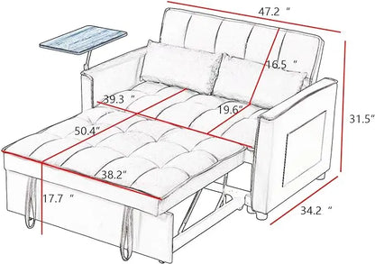 Folding Futon Loveseat Pull Out Couch Bed , 3 in 1 Multi-Functional Convertible Sleeper Sofa Pullout Bed, Tufted Chaise Lounge with Adjustable Backrest and Hidden Side Table for Living Room Office - LeafyLoom