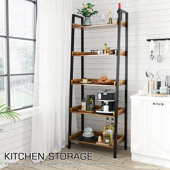 ASTARTH Ladder Shelf-5 Tier Bookshelves w/Open Shelf for Storage, Industrial Bookshelf & Tall Ladder Shelf-Metal Frame for Bedroom, Living Room, Kitchen-67.3'' H, Easy Assembly, Rustic Brown - LeafyLoom