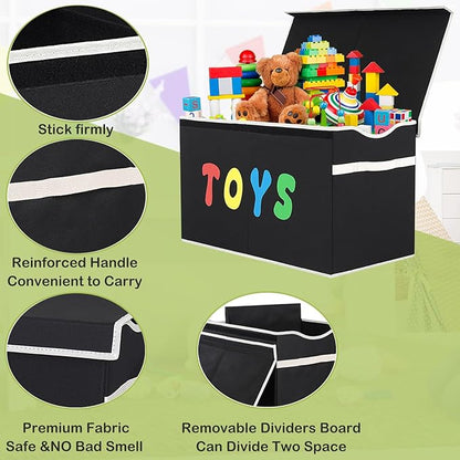 Toy Box Chest, Collapsible Sturdy Storage Bins with Lids, Extra Large Kids Toy Storage Organizer Boxes Bins Baskets for Kids, Boys, Girls, Nursery Room, Playroom, Closet (BLACK) - LeafyLoom