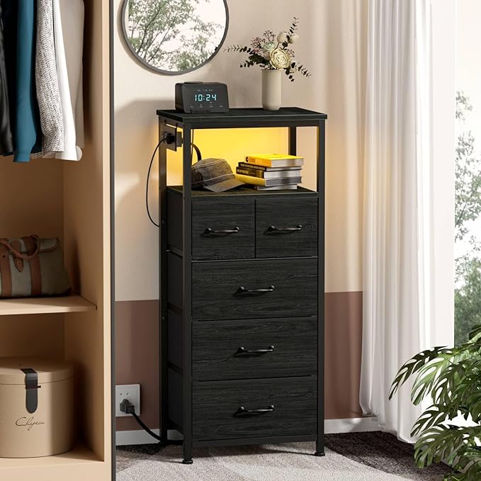 Furnulem Vertical Dresser with Charging Station and LED Lights, Black Chest of Drawers with Shelf and 5 Fabric Bins, Tall Nightstand for Entryway, Closet, Bedside Table, Wood Top, Bedroom Furniture - LeafyLoom