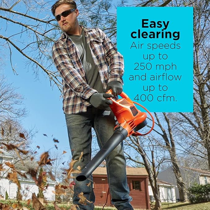 BLACK+DECKER Electric Leaf Blower, Leaf Vacuum and Mulcher 3 in 1, 250 mph Airflow, 400 cfm Delivery Power, Reusable Bag Included, Corded (BEBL7000) - LeafyLoom