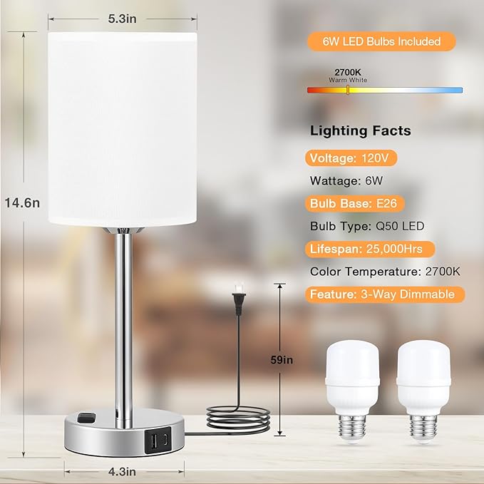 Bedside Table Lamps for Bedroom Set of 2 - Touch Nightstand Lamp with USB-A+C Charging Ports & AC Outlet - 3 Way Dimmable Small Desk Lamp White for Office, Living Room, Reading - LeafyLoom