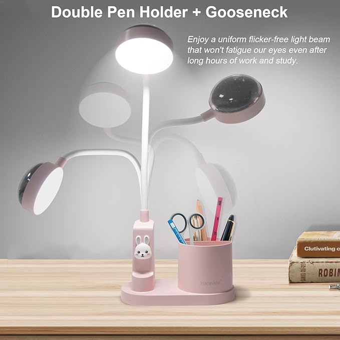 Cute Kids Desk Lamp 2000mAh Rechargeable Kawaii Desk Lamp with Star Projection/Pen Holder, Aesthetic Kids Bedside Lamp with Flexible Gooseneck/ 3 Level Brightness/Eye-Caring for Reading, Pink - LeafyLoom