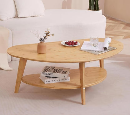 Mid Century Modern Coffee Table with Storage Shelf, Large Oval Coffee Table for Living Room 41.5" W x 22'' D x 18 H 100% Solid Wood Table for House Apt Desktop Thickness 0.8'' Super Sturdy - LeafyLoom