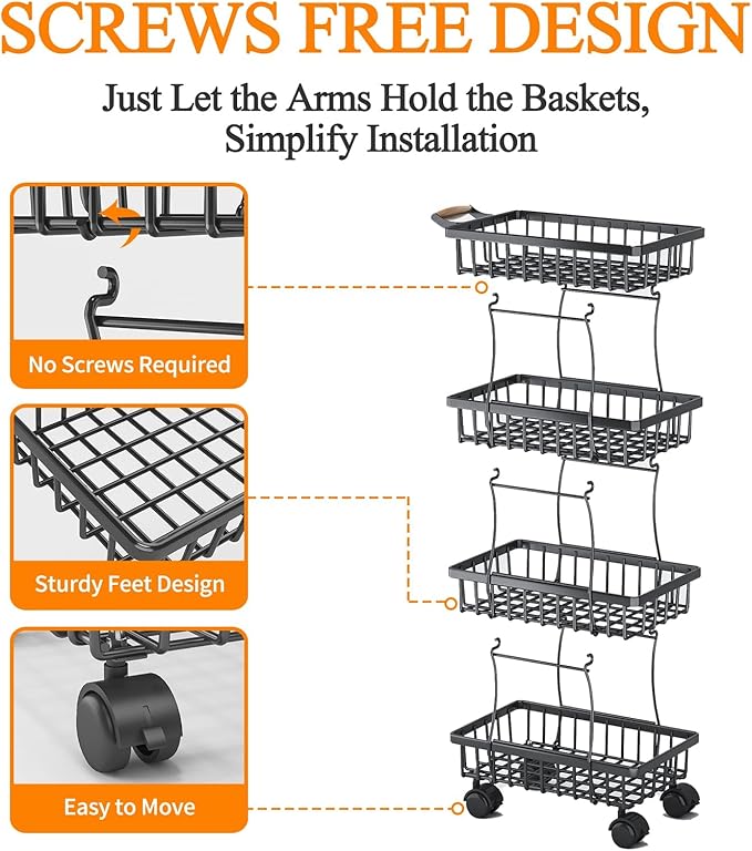 Wisdom Star 4 Tier Fruit Vegetable Basket for Kitchen, Storage Cart, Vegetable Basket Bins, Wire Storage Organizer Utility Cart with Wheels, Medium, Black - LeafyLoom