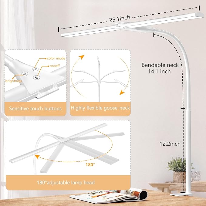 EppieBasic LED Desk lamp,Double Head Architect Desk Lamps for Home Office,Extra Bright Workbench Office Lighting,Eye Protection Modern Desk Light for Monitor Working Reading White 1200LM - LeafyLoom