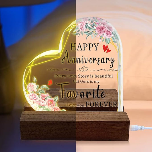 ACSENCETER Happy Anniversary for Couple Wedding Gift Night Lights for Bedroom Flower Acrylic Decoration Christmas Gift USB Night Lamp Keepsake from Wife Husband 3.7" - LeafyLoom