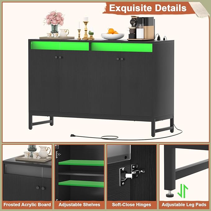 Aheaplus Sideboard Buffet Cabinet with Power Outlet, Kitchen Storage Cabinet with LED Light & Doors, Accent Cabinet Cupboard Buffet Table with Storage for Dining Room, Living Room, Hallway, Black - LeafyLoom