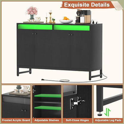 Aheaplus Sideboard Buffet Cabinet with Power Outlet, Kitchen Storage Cabinet with LED Light & Doors, Accent Cabinet Cupboard Buffet Table with Storage for Dining Room, Living Room, Hallway, Black - LeafyLoom