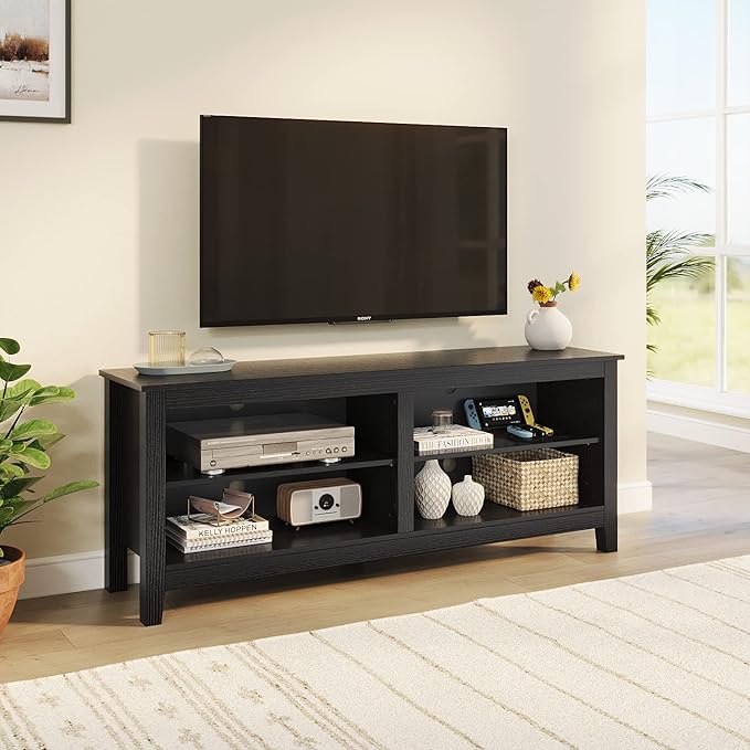 Panana TV Stand, Classic 4 Cubby TV Stand for 60 inch TV, Entertainment Center Media Television Stand for Living Room Bedroom (Black, 55 inch) - LeafyLoom