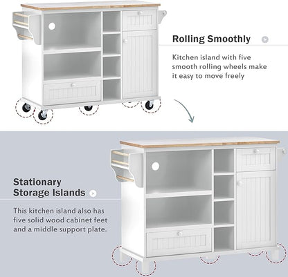 Kitchen Island with Storage, Rolling Table on Wheels Solid Wood Desktop, Microwave Cabinet, Floor Standing Buffet Server Sideboard for Dinning Room - LeafyLoom