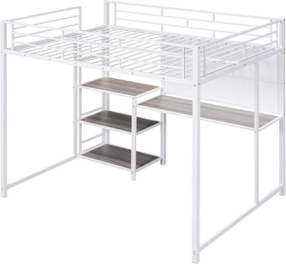 RITSU Full Size Loft Bed, Heavy Duty Metal Bunk Bedframe with Desk and Whiteboard, Safety Guardrail Fence & Ladder, 3 Big Storage Shelves, for Kids, Teens, White - LeafyLoom