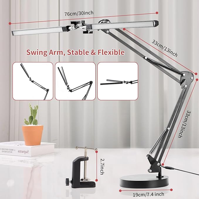 Double Swing Arm Bright LED Desk Light Adjustable Foldable Desk Lamp for Home Office, 3 Colors Lighting & Stepless Dimming Dimmable Table Desk Light for Work/Study/Craft - LeafyLoom