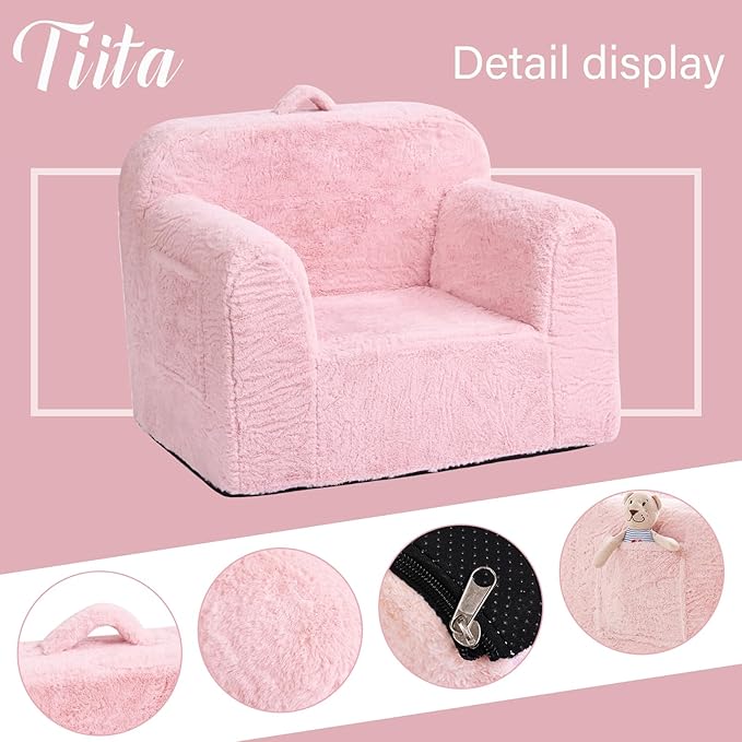 Tiita Toddler Chair Couch, Comfy Fold Out Kids Sofa, Lightweight Children Couch with Carrying Handle & Side Pockets, Kids Foam Armrest Read Sofa for Girl or Boy, Pink - LeafyLoom