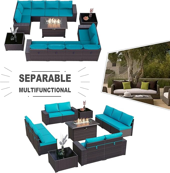 Kullavik 13 Pieces Outdoor Patio Furniture Set with 43" 55000BTU Gas Propane Fire Pit Table PE Wicker Rattan Sectional Sofa Patio Conversation Sets,Blue - LeafyLoom