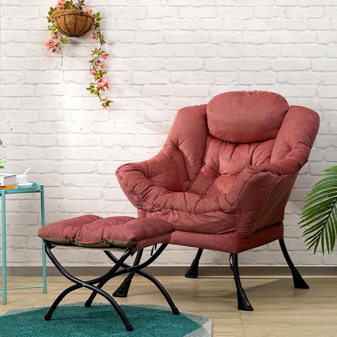 AcozyHom Fabric Lazy Chair with Foldable Ottoman, Accent Comfy Lounge Arm Chair and Folding Footrest Stool Set, Leisure Sofa Reading Chair and Footstool for Living Room, Bedroom, Dorm, Brick Red - LeafyLoom