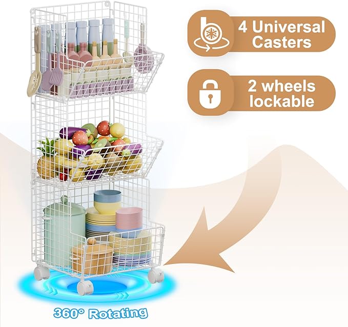 3 Tier Rolling Wire Toy Organizer Basket - with Wheel, S-Hooks, Toy Storage Cart Wall Bookshelf for Kids Room, Playroom, Bedroom (White, Standard) - LeafyLoom