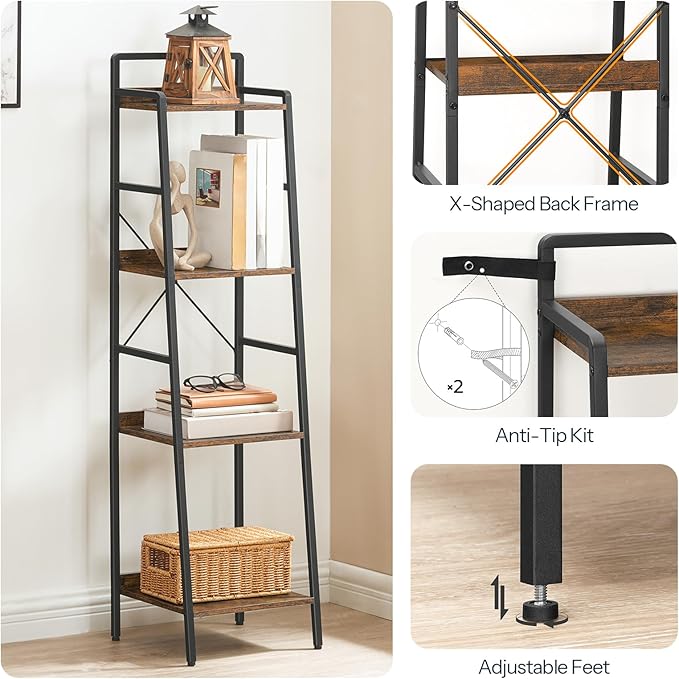 HOOBRO Bookcase, 4-Tier Narrow Bookshelf, Industrial Ladder Shelf, Skinny Bookshelf for Small Spaces, Corner Storage Shelf for Home Office, Living Room, Rustic Brown and Black BF34SJ01 - LeafyLoom