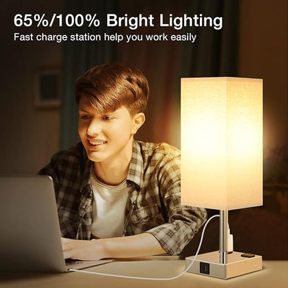 aooshine Beige Set of 2 Touch Lamp with USB Port-Nightstand Lamp with USB-C+A Charge Ports& AC Outlets, 3-Way Dimmable Bedside Lamp with Shade,Small Table Lamp for Bedroom Living Room(Bulb Included) - LeafyLoom