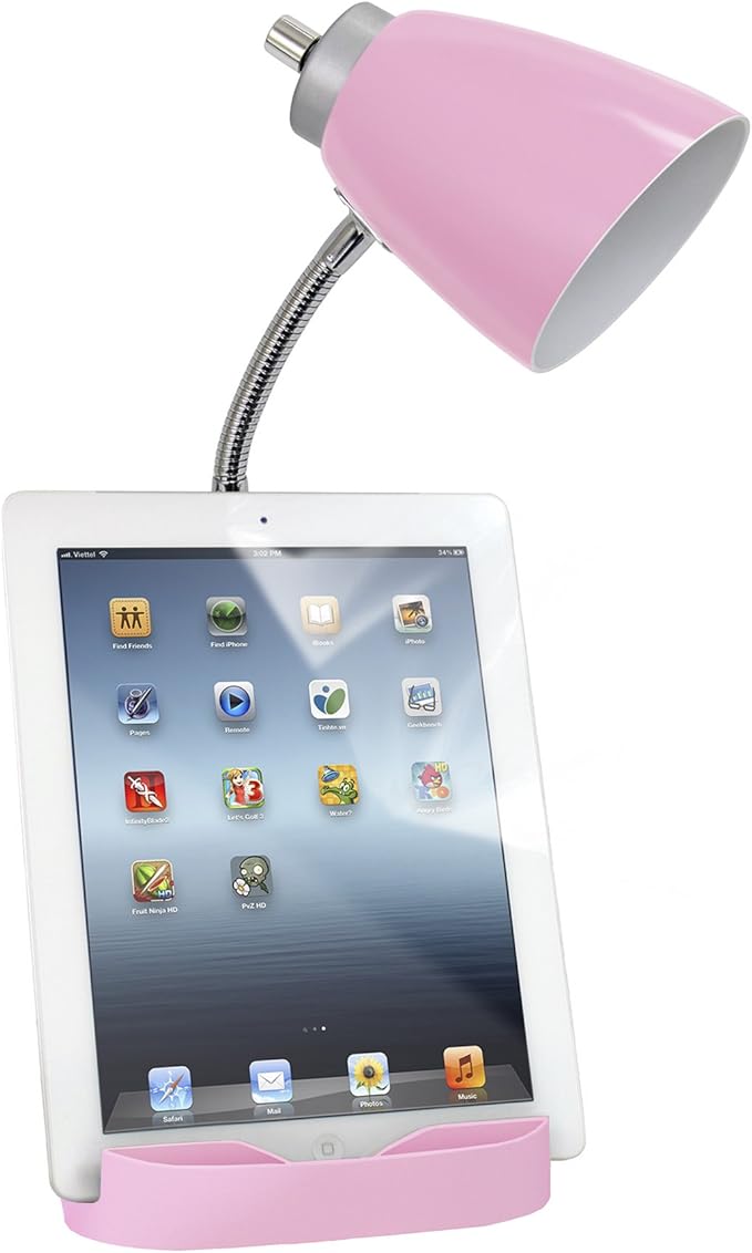 Simple Designs LD1056-PNK Gooseneck Organizer Desk Lamp with iPad/Tablet Stand or Book Holder and USB Port, Pink - LeafyLoom