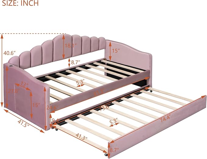 Twin Size Upholstered Daybed with Trundle and Striped Headboard, Velvet Bed w/USB Charging Ports & Side Pockets, for Bedroom Living Room, No Box-spring Needed - LeafyLoom
