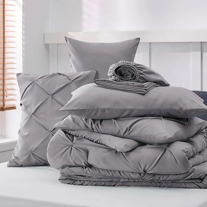 Bedsure California King Comforter Set - Cal King Bed Set 7 Pieces, Pinch Pleat Grey Cali King Bedding Set with Comforter, Sheets, Pillowcases & Shams - LeafyLoom