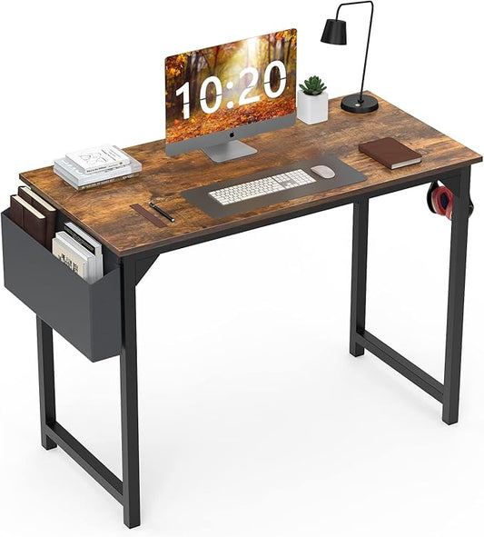 Computer Desk Small Office Desk 40 Inch Writing Desks Small Space Desk Study Table Modern Simple Style Work Table with Storage Bag Headphone Hook Wooden Tabletop Metal Frame for Home, Bedroom - LeafyLoom