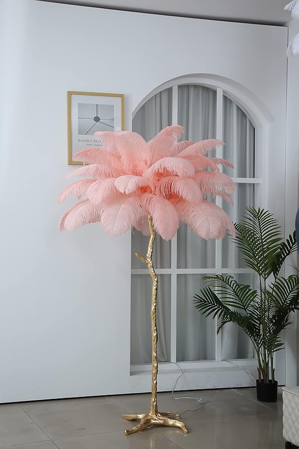 Luxury Resin Ostrich Feather Lamp, 35 Pieces real ostrich feathers,Feather Floor Lamp,Standing Lamp for Living Room, Bedroom and Office 67” Tall Feather Lamp (Pink) - LeafyLoom