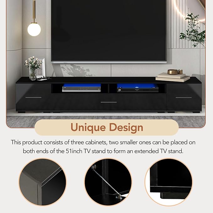 Merax Minimalist Style Extended LED TV Stand with Color Changing Lights, Modern Universal Entertainment Center High Gloss Cabinet for 90+ inch Televisions, 82.6 inch Length, Black - LeafyLoom