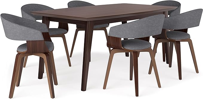 SIMPLIHOME Lowell / Draper Mid Century Modern 7 Pc Dining Set with 6 Upholstered Bentwood Dining Chairs in Grey Linen Look Fabric and 66 inch Wide Table for the Dining Room and Kitchen - LeafyLoom