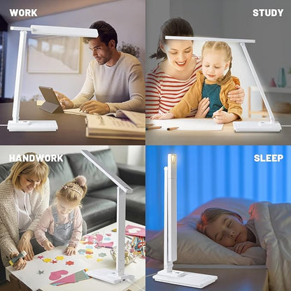 Led Desk Lamp with Wireless Charger, White Desk Lamps for Home Office with Clock, Alarm, Date, Temperature | Desk Light with Night Light, 46 Min Auto Timer | Touch Control Smart Lamp for College, Dorm - LeafyLoom