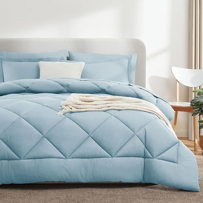 CozyLux Queen Bed in a Bag 7-Pieces Comforter Sets with Comforter and Sheets Light Blue All Season Bedding Sets with Comforter, Pillow Shams, Flat Sheet, Fitted Sheet and Pillowcases - LeafyLoom