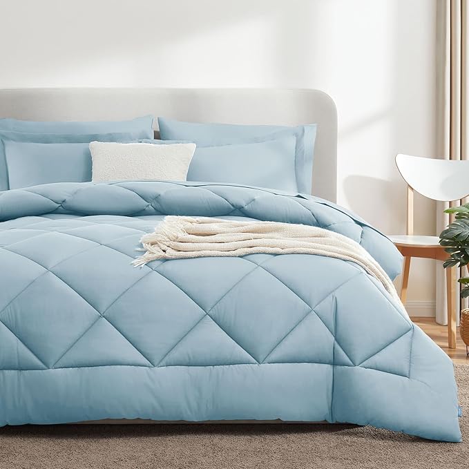 CozyLux Full Comforter Set with Sheets 7 Pieces Bed in a Bag Light Blue All Season Bedding Sets with Comforter, Pillow Shams, Flat Sheet, Fitted Sheet and Pillowcases - LeafyLoom