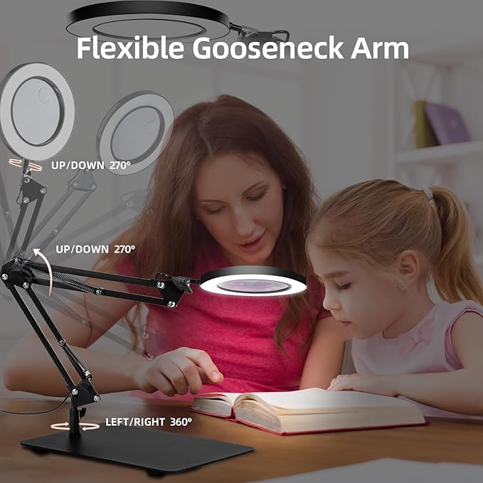 Magnifying Glass with Light and Stand, 3-in-1 Gooseneck Arms 3 Color Modes Stepless Dimmable, 10x&5X LED Desktop Magnifier with light Hands Free for Workbench Reading Crafts Painting Hobby Close Work - LeafyLoom