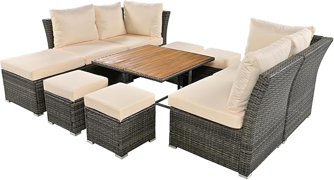 9 Piece Patio Furniture Set with Solid Wood Coffee Table and Ottomans, Rattan Modular Outdoor Sectional Conversation Sofa, for Garden Backyard, Onesize, Beige - LeafyLoom