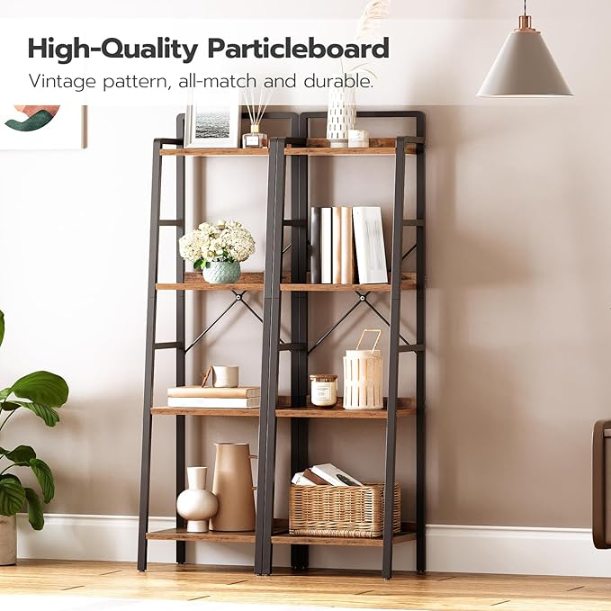 HOOBRO Bookcase, 4-Tier Narrow Bookshelf, Industrial Ladder Shelf, Skinny Bookshelf for Small Spaces, Corner Storage Shelf for Home Office, Living Room, Rustic Brown and Black BF34SJ01 - LeafyLoom