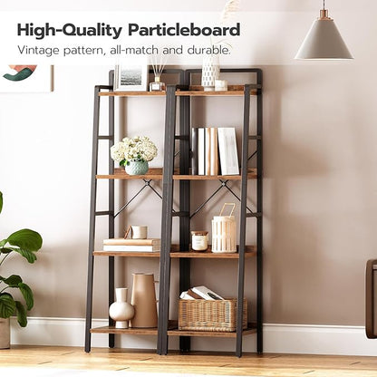 HOOBRO Bookcase, 4-Tier Narrow Bookshelf, Industrial Ladder Shelf, Skinny Bookshelf for Small Spaces, Corner Storage Shelf for Home Office, Living Room, Rustic Brown and Black BF34SJ01 - LeafyLoom