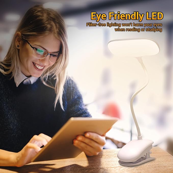 LED Desk Lamp with Clamp, Eye-Caring Clip on Lights for Home Office, 3000mAh Rechargeable Battery Operated Table Lamps,3 Lighting Modes & Brightness Dimmer Light for Kids Students - LeafyLoom