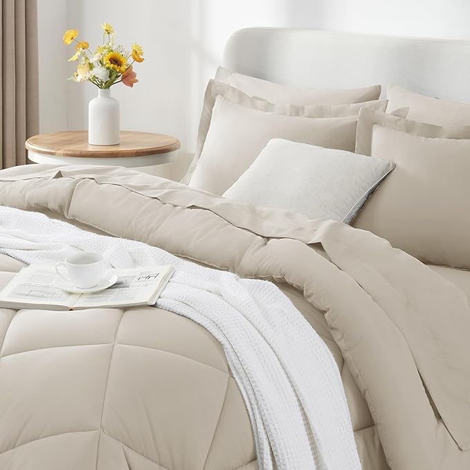 CozyLux Full Comforter Set with Sheets 7 Pieces Bed in a Bag Beige All Season Bedding Sets with Comforter, Pillow Shams, Flat Sheet, Fitted Sheet and Pillowcases - LeafyLoom