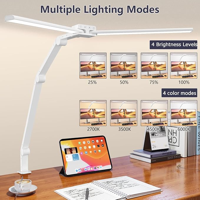 KableRika Desk Lamp,Double Head Desk Lamp with Clamp,24W Led Desk Lights for Home Office Ultra Bright Architect Table Lamp 4 Brightness 4 Color,Auto Dimming Task Lamp for Monitor Work Study White - LeafyLoom