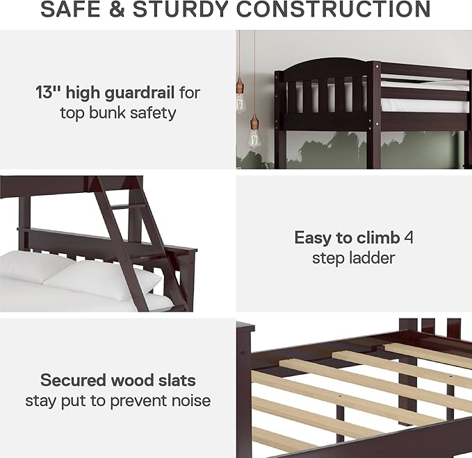 DHP Airlie Convertible Wood Bunk Bed, Stackable and Detachable Bed Frames for Kids and Teens, with Angled Ladder, High Guardrail, Wood Slats, No Boxspring Required, Twin-Over-Full, Espresso - LeafyLoom