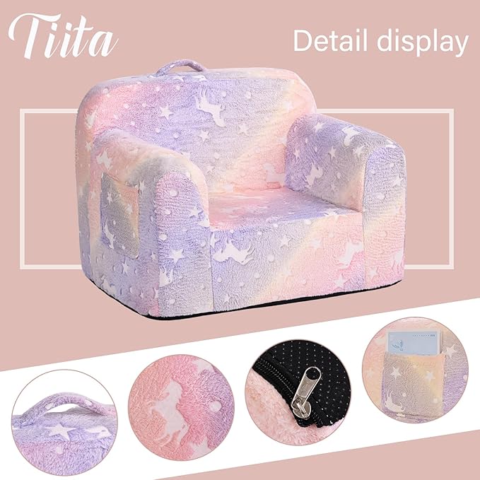 Tiita Kids Sofa, Children Couch with Carrying Handle & Side Pockets, Kids Foam Chair, Toddler Armrest Chair, Lightweight Children Sofa Chair, Kids Read Sofa for Girl or Boy(Twill Pegasus) - LeafyLoom