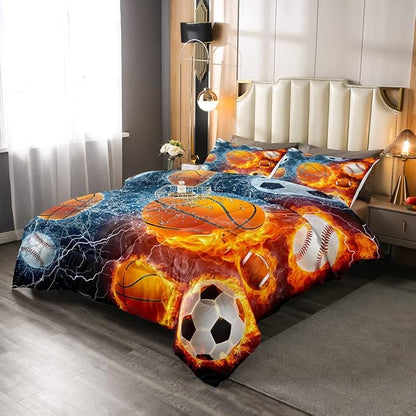 Erosebridal Sports Bedding Set for Boys King,Baseball Basketball Comforter Set Soccer Football Bedding Comforter Sets for Kids Teens Men,Red Blue Ice Fire Lightning Decor Quilt Duvet Set 3 Pcs - LeafyLoom